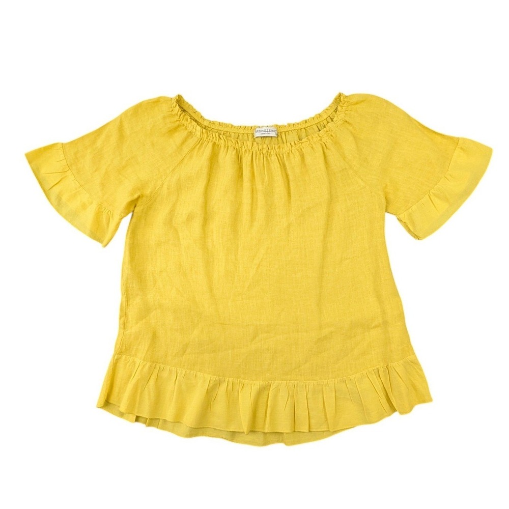 Terzo Millennio Yellow 100% Linen Ruffle Short Sleeve Blouse Top Italy Size M